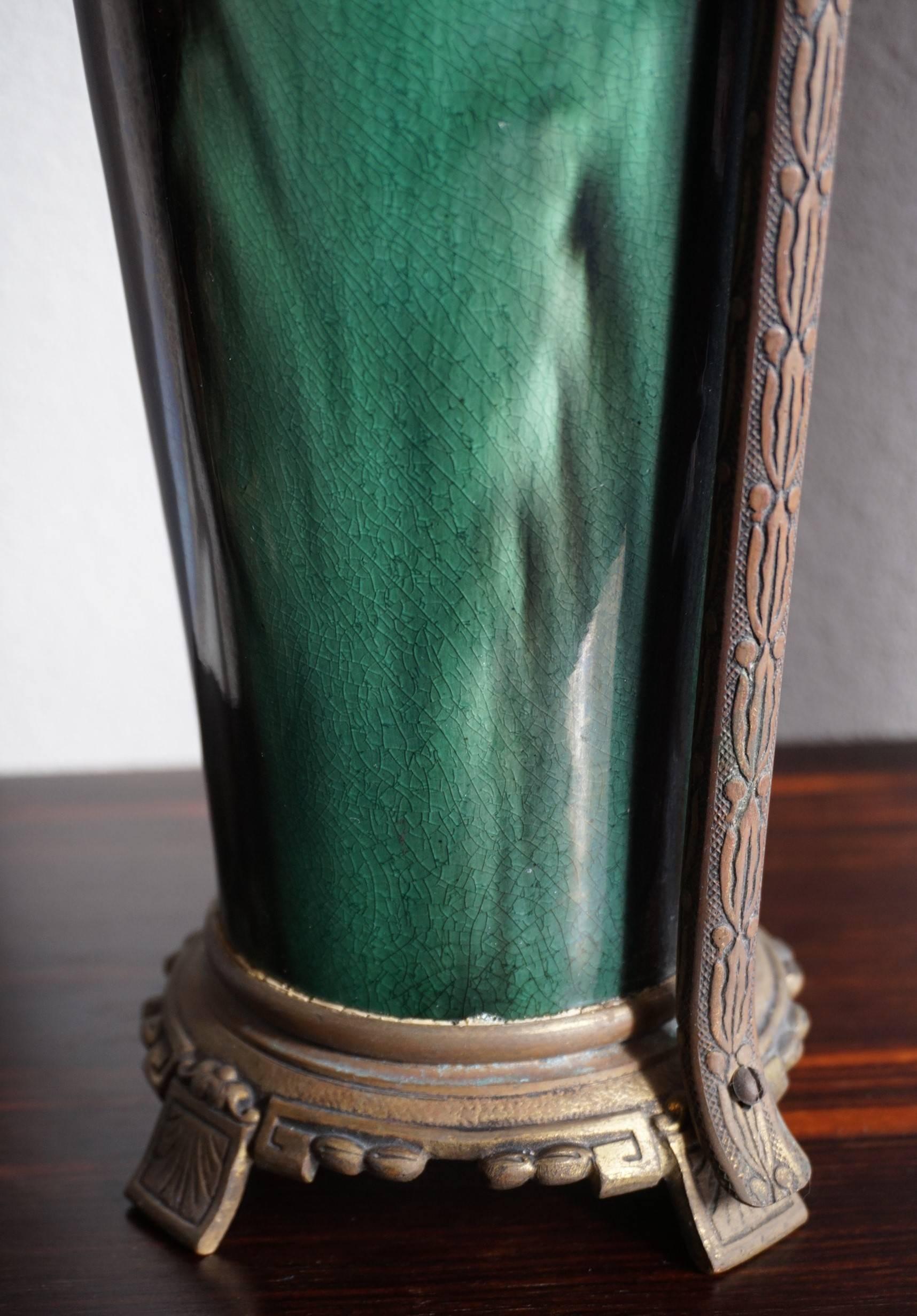 Stunning Pair of Antique French Green Ceramic Vases with Bronze Base & Handles 1