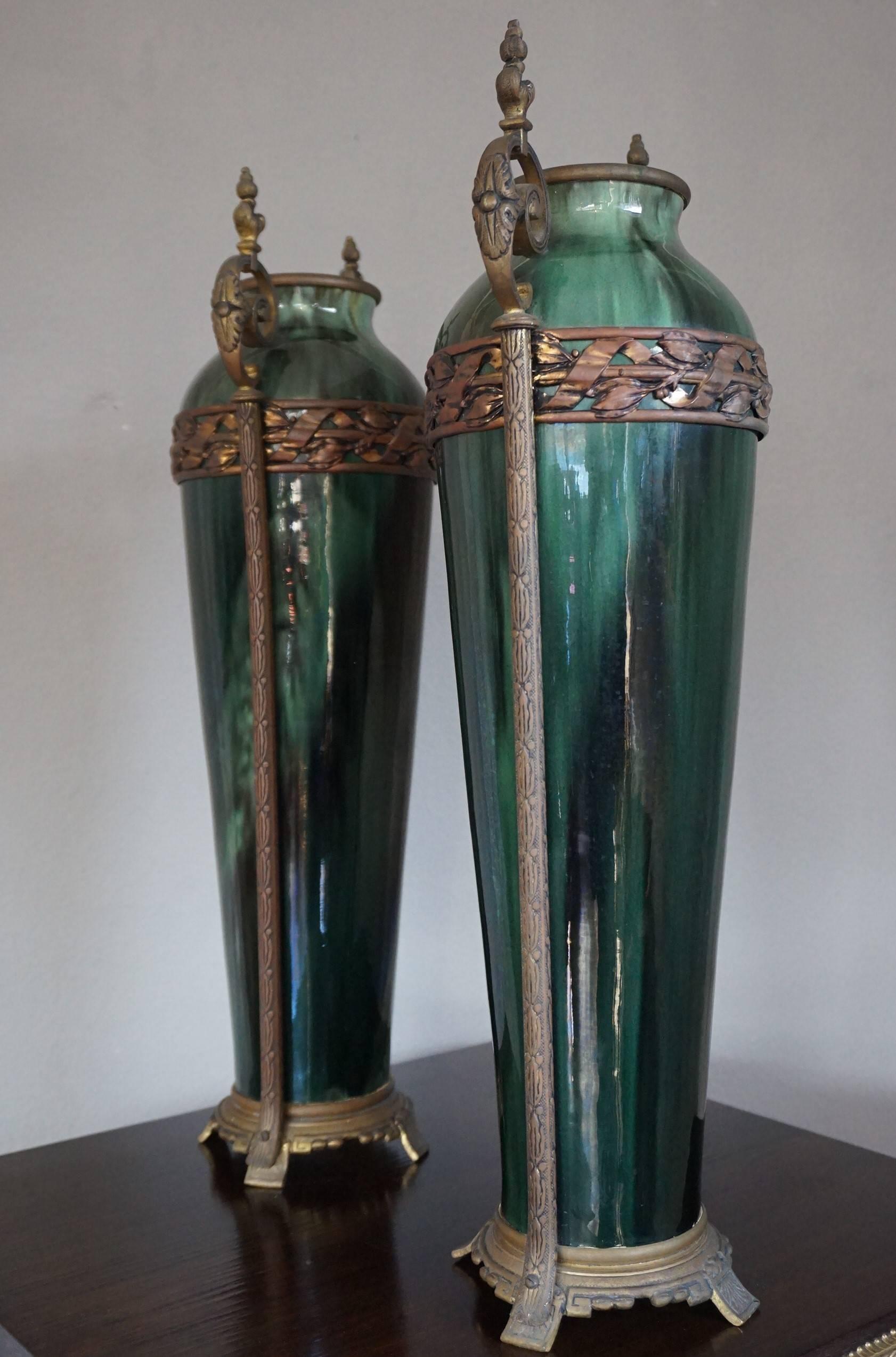 Stunning Pair of Antique French Green Ceramic Vases with Bronze Base & Handles 2