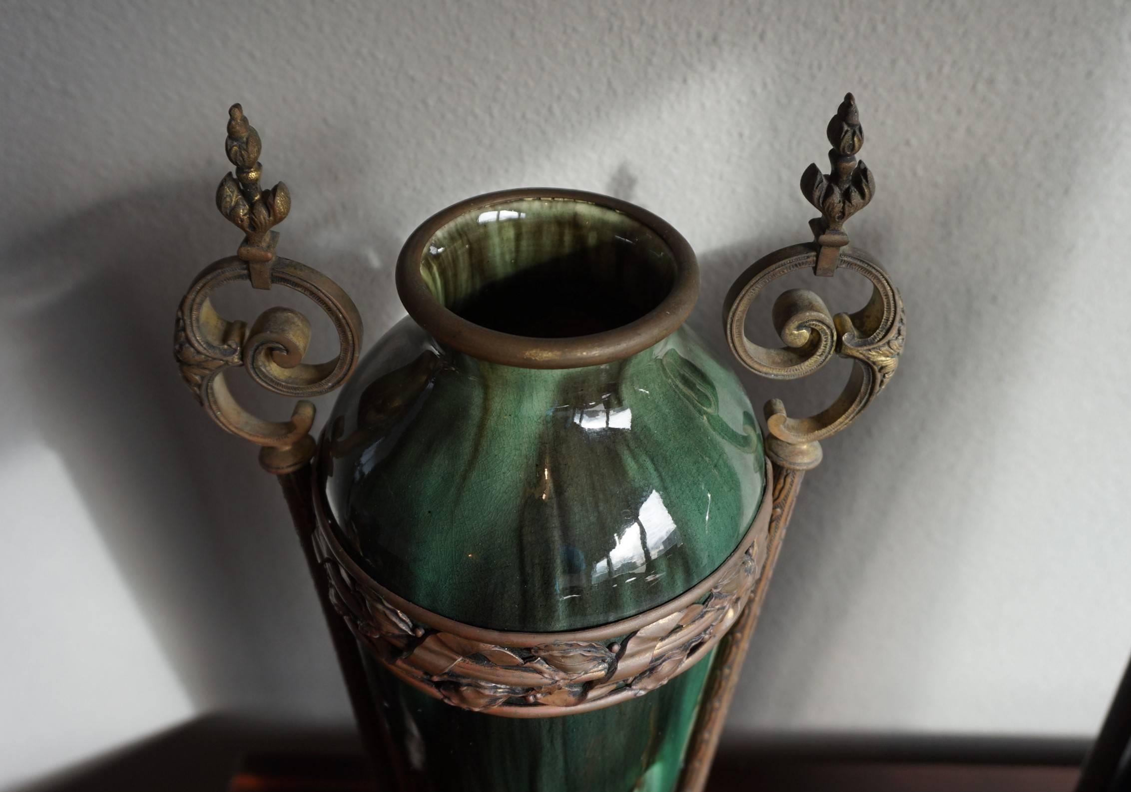 Stunning Pair of Antique French Green Ceramic Vases with Bronze Base & Handles 3