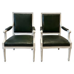 Stunning Pair of Antique Louis XV Painted Leather Armchairs