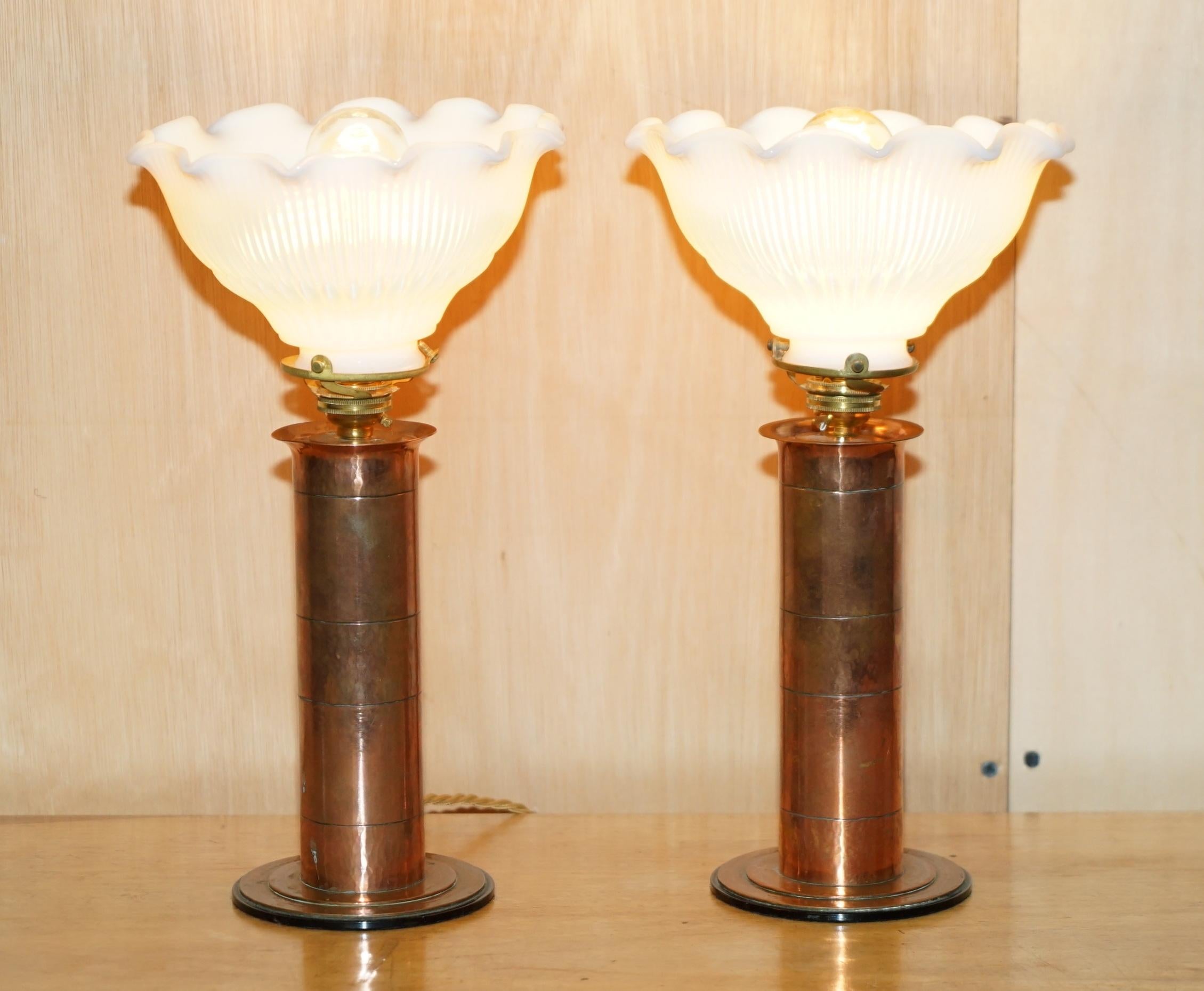 Royal House Antiques

Royal House Antiques is delighted to offer for sale this stunning pair of original Victorian circa 1880-1900 hand hammered copper with period glass shades Oil lamps that have been converted to use electric 

This piece is