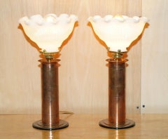 STUNNiNG PAIR OF ANTIQUE VICTORIAN BRASS & GLASS OIL LAMPS CONVERTED TABLE LAMPS