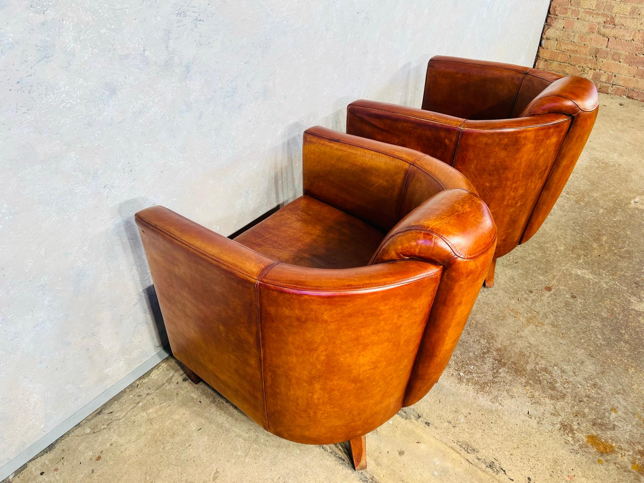Stunning Pair of Art Deco Aviator Leather Chairs, Hand Dyed Tan #630 8