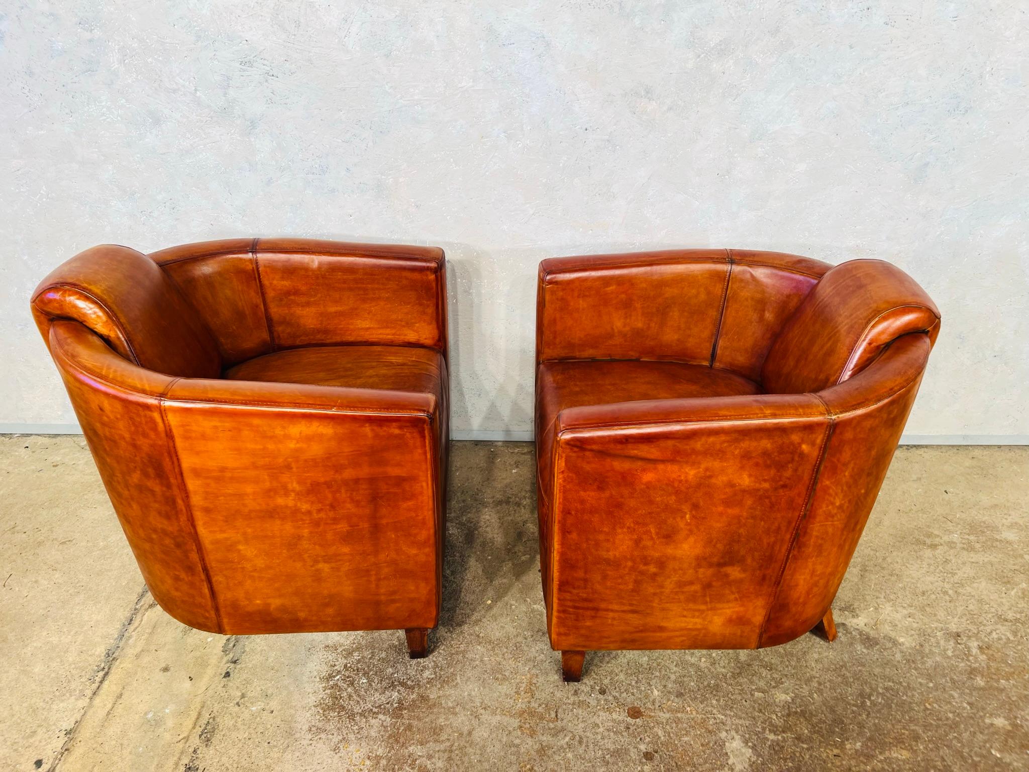 Stunning Pair of Art Deco Aviator Leather Chairs, Hand Dyed Tan #630 In Good Condition In Lewes, GB