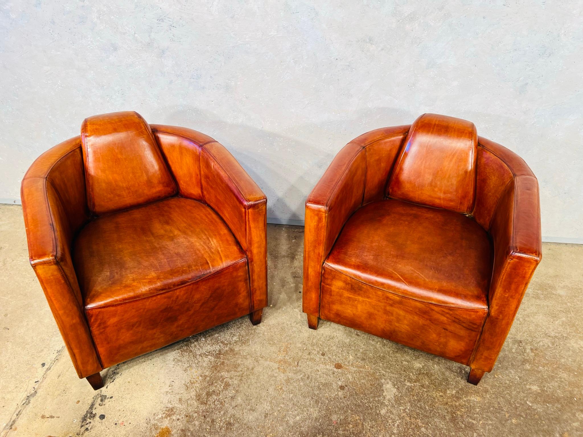 20th Century Stunning Pair of Art Deco Aviator Leather Chairs, Hand Dyed Tan #630