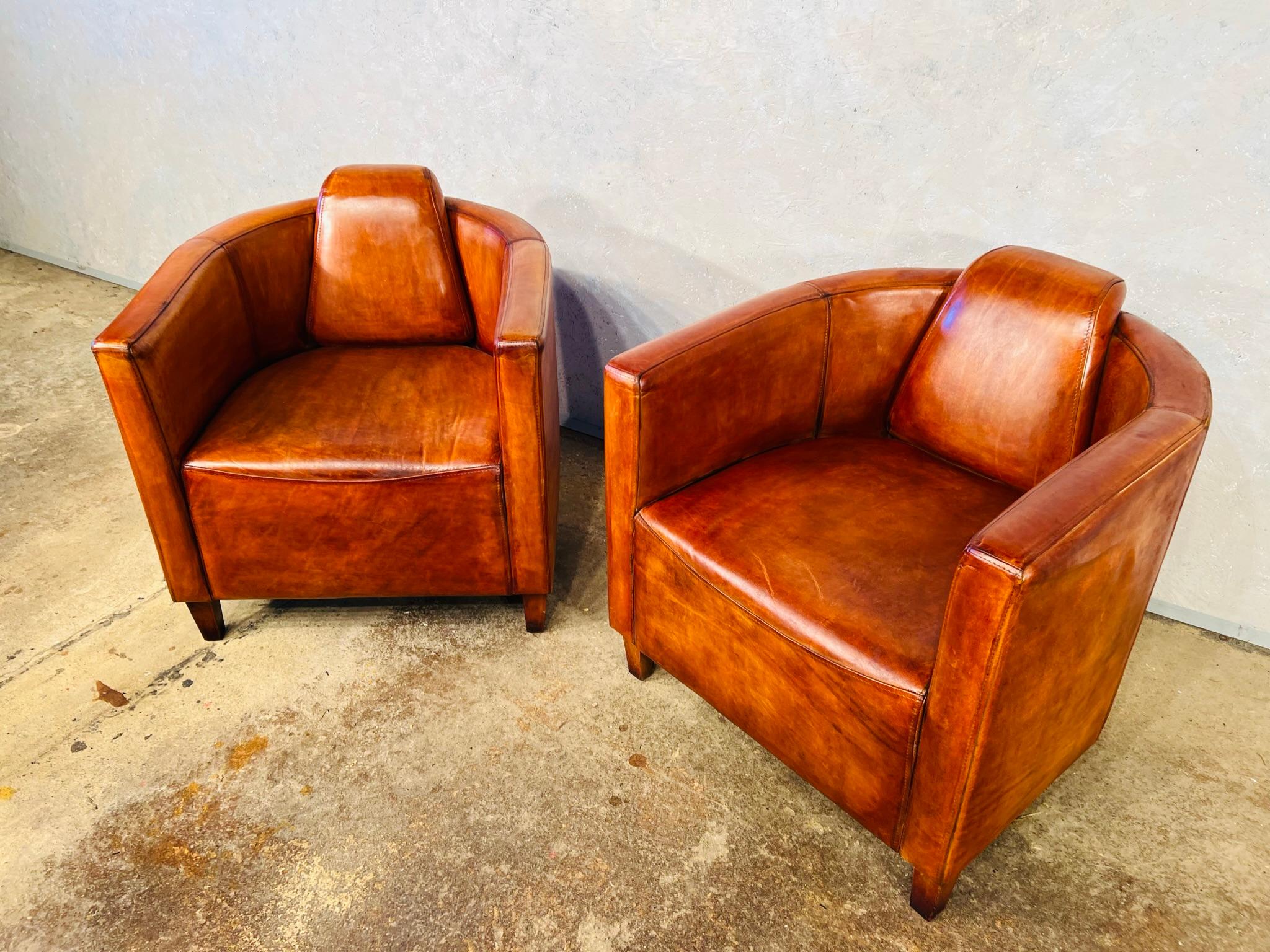 Stunning Pair of Art Deco Aviator Leather Chairs, Hand Dyed Tan #630 1