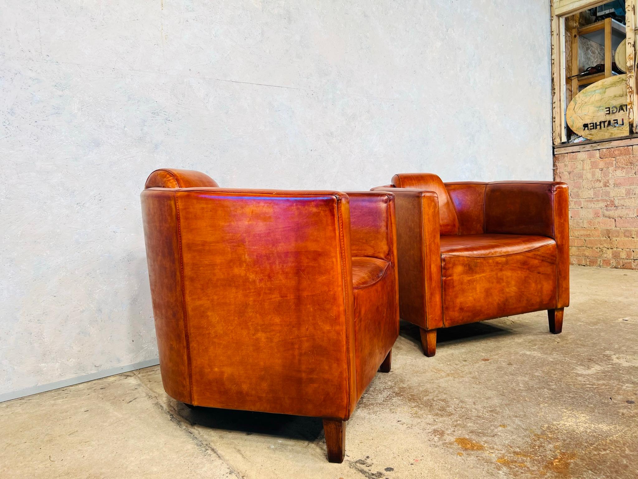 Stunning Pair of Art Deco Aviator Leather Chairs, Hand Dyed Tan #630 2