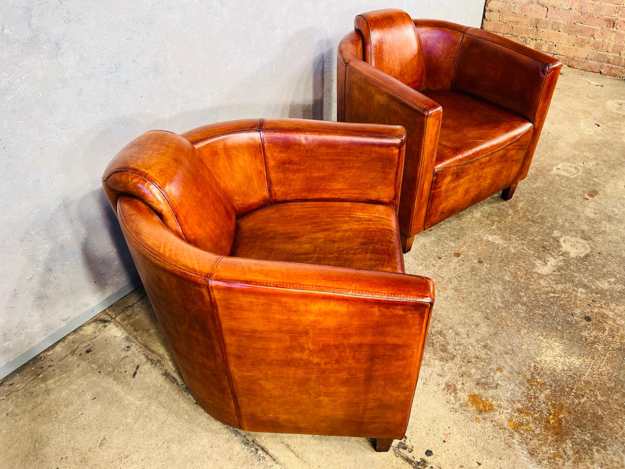 Stunning Pair of Art Deco Aviator Leather Chairs, Hand Dyed Tan #630 3