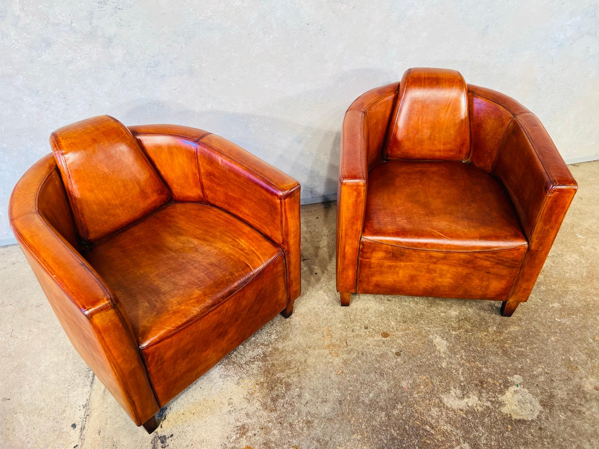 Stunning Pair of Art Deco Aviator Leather Chairs, Hand Dyed Tan #630 4