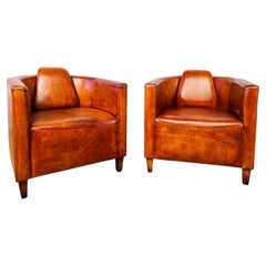 Stunning Pair of Art Deco Aviator Leather Chairs, Hand Dyed Tan #630
