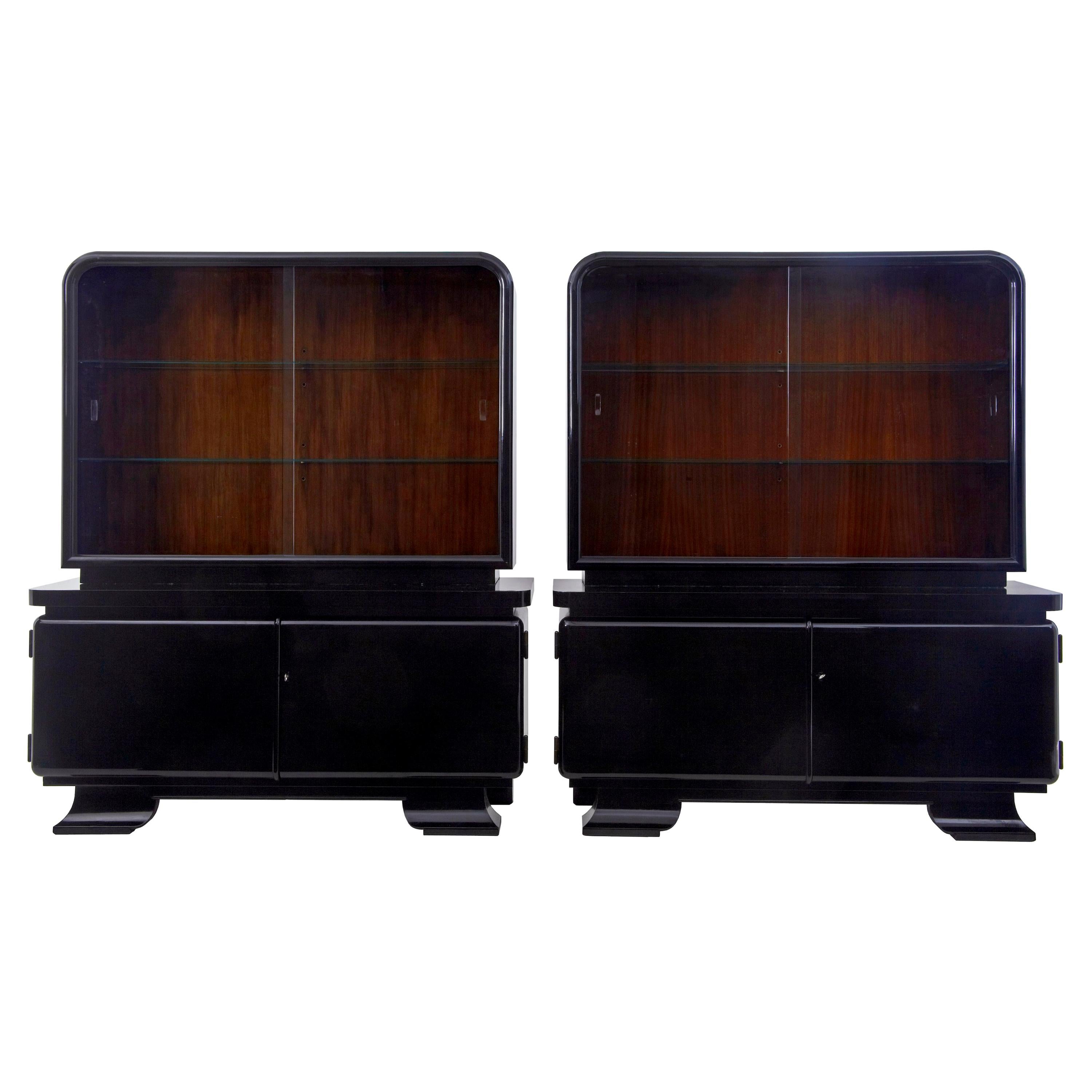 Stunning Pair of Art Deco Black Lacquered Sideboard Vitrines