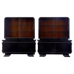 Vintage Stunning Pair of Art Deco Black Lacquered Sideboard Vitrines