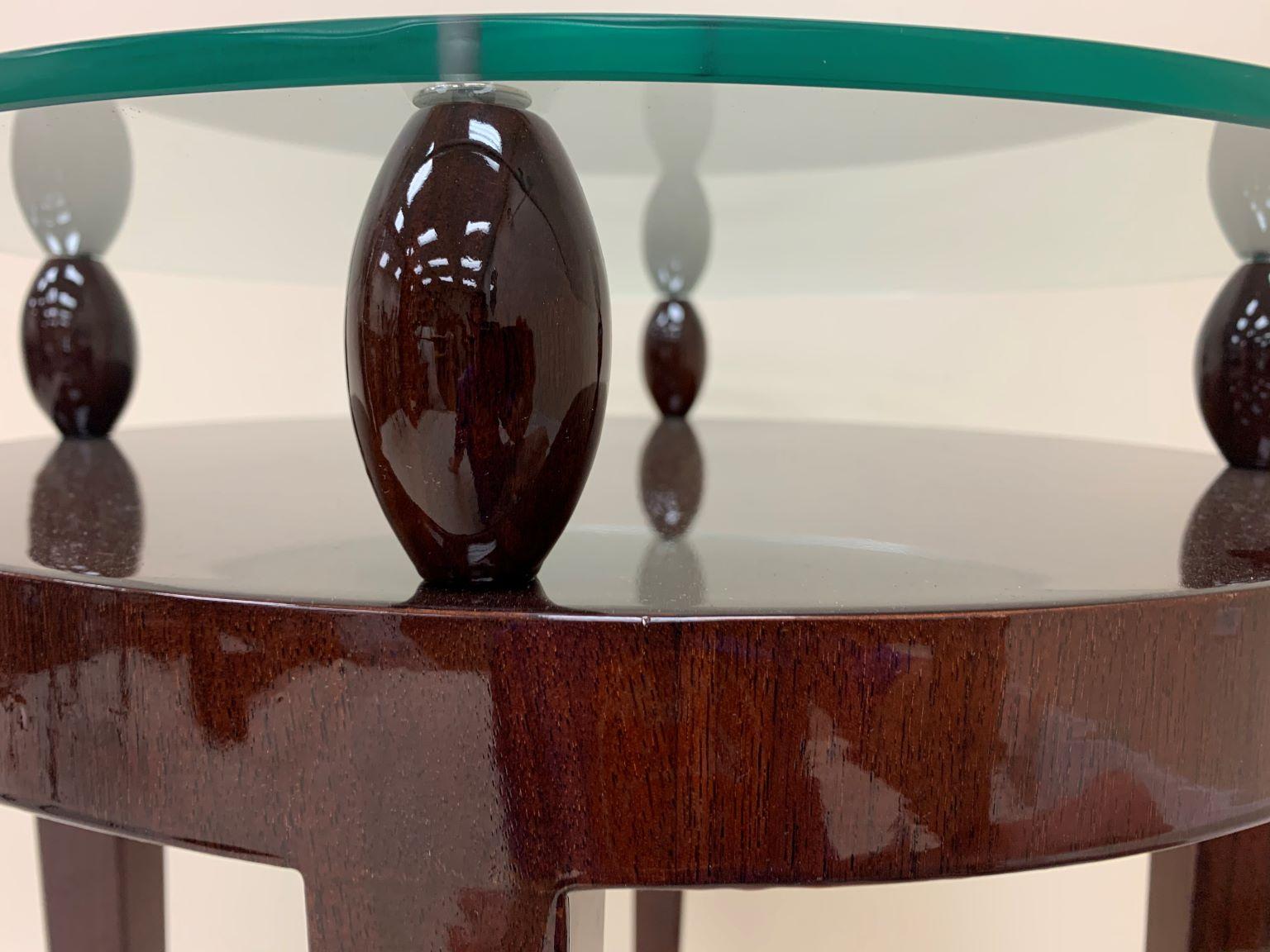 Chrome Stunning Pair of Round  Art Deco Glass-Top Side Tables In Walnut Circa 1940's For Sale