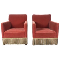 Stunning Pair of Art Deco Salmon Color Mohair Club Chairs, Modernist Design