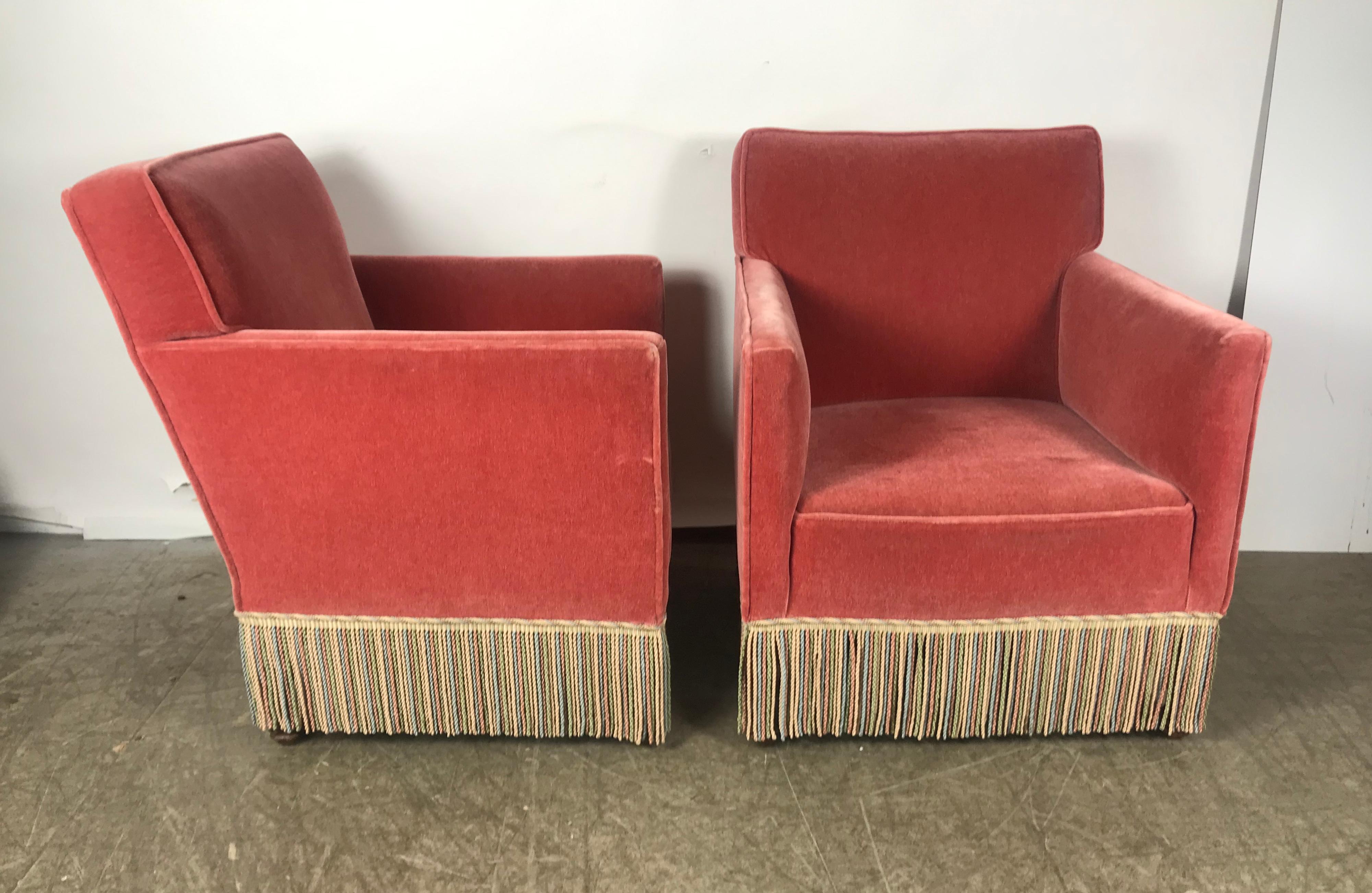 American Stunning Pair of Art Deco Salmon Color Mohair Club Chairs, Modernist Design