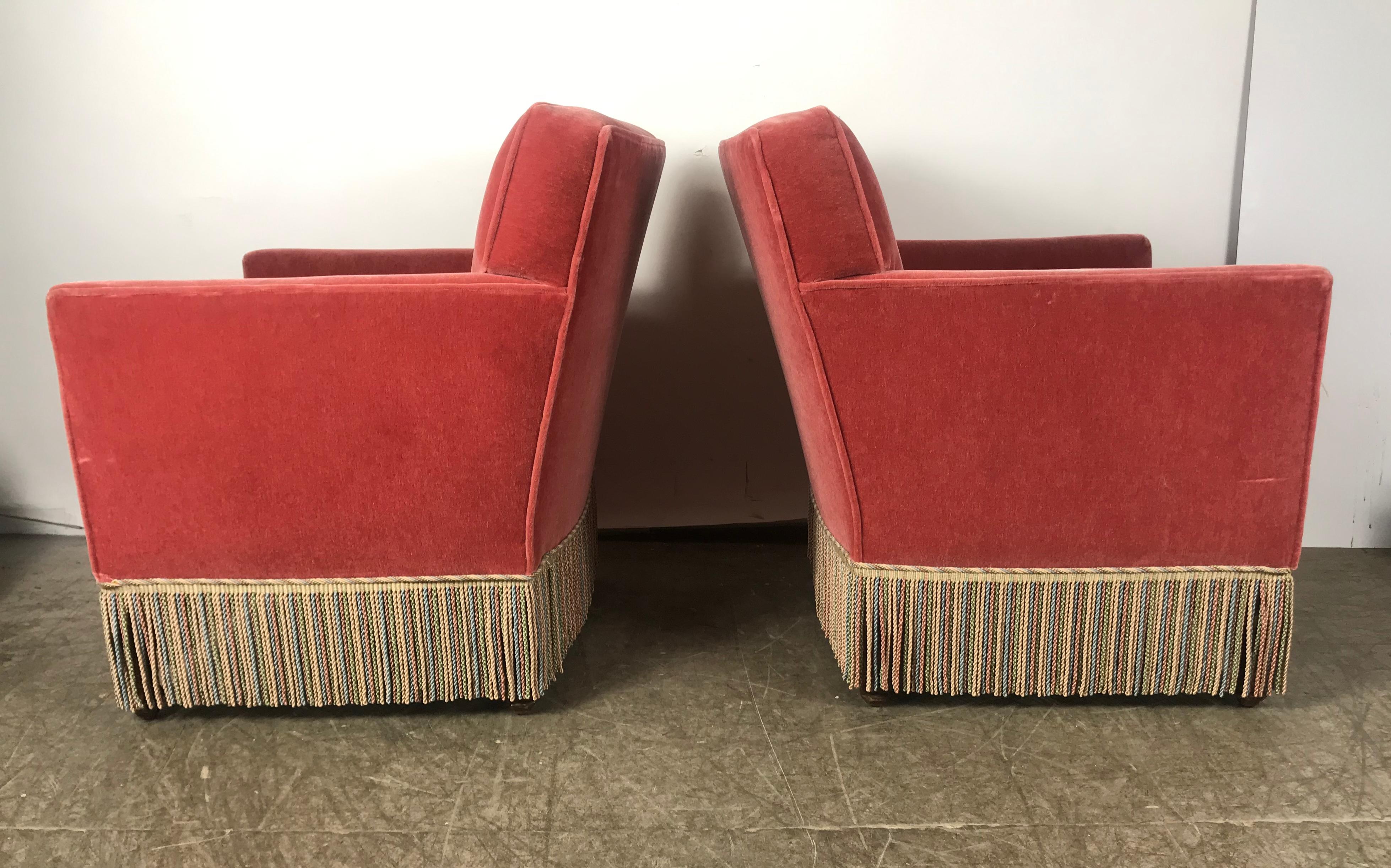 Stunning Pair of Art Deco Salmon Color Mohair Club Chairs, Modernist Design In Good Condition In Buffalo, NY