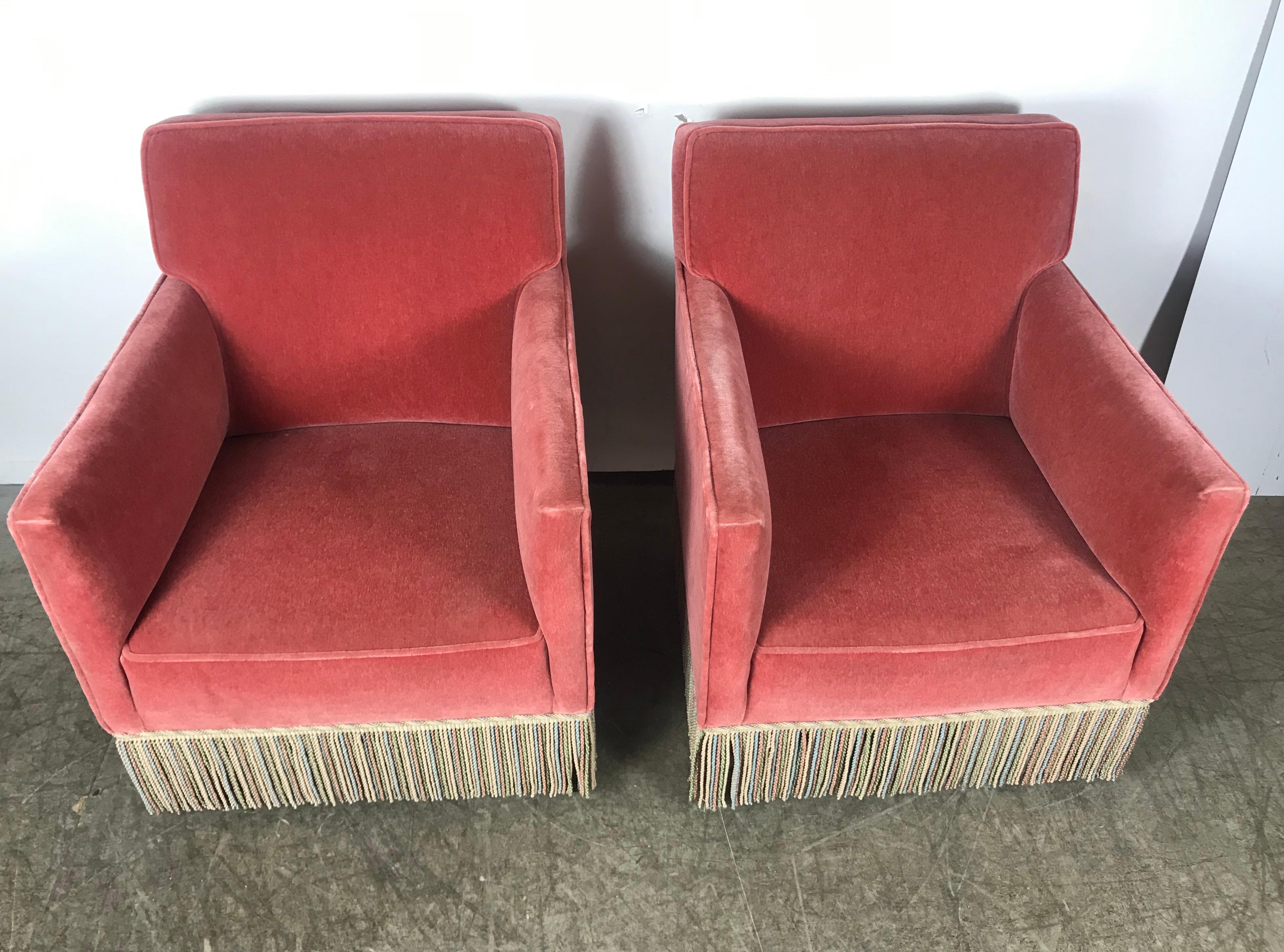 Stunning Pair of Art Deco Salmon Color Mohair Club Chairs, Modernist Design 1