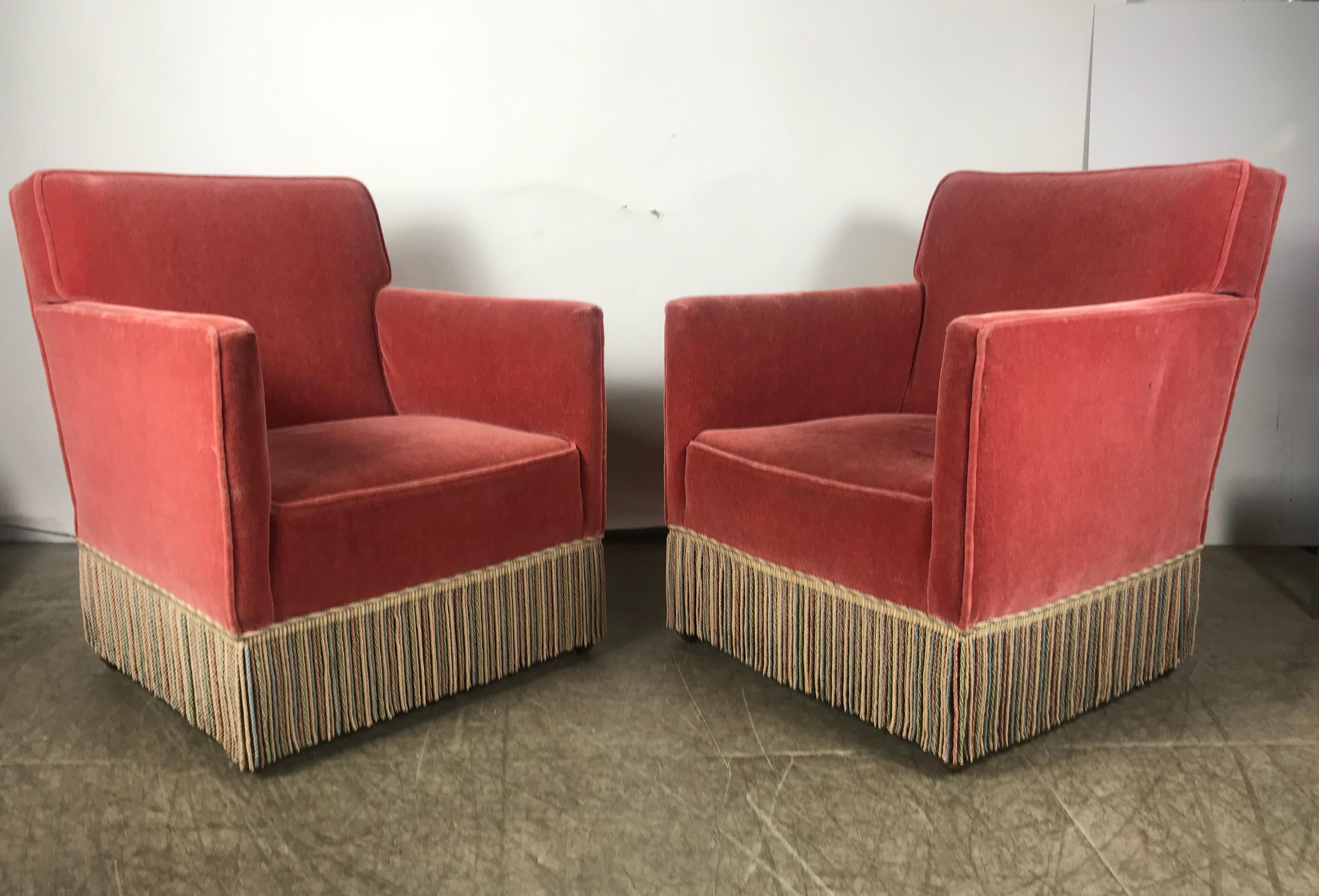 Stunning Pair of Art Deco Salmon Color Mohair Club Chairs, Modernist Design 2