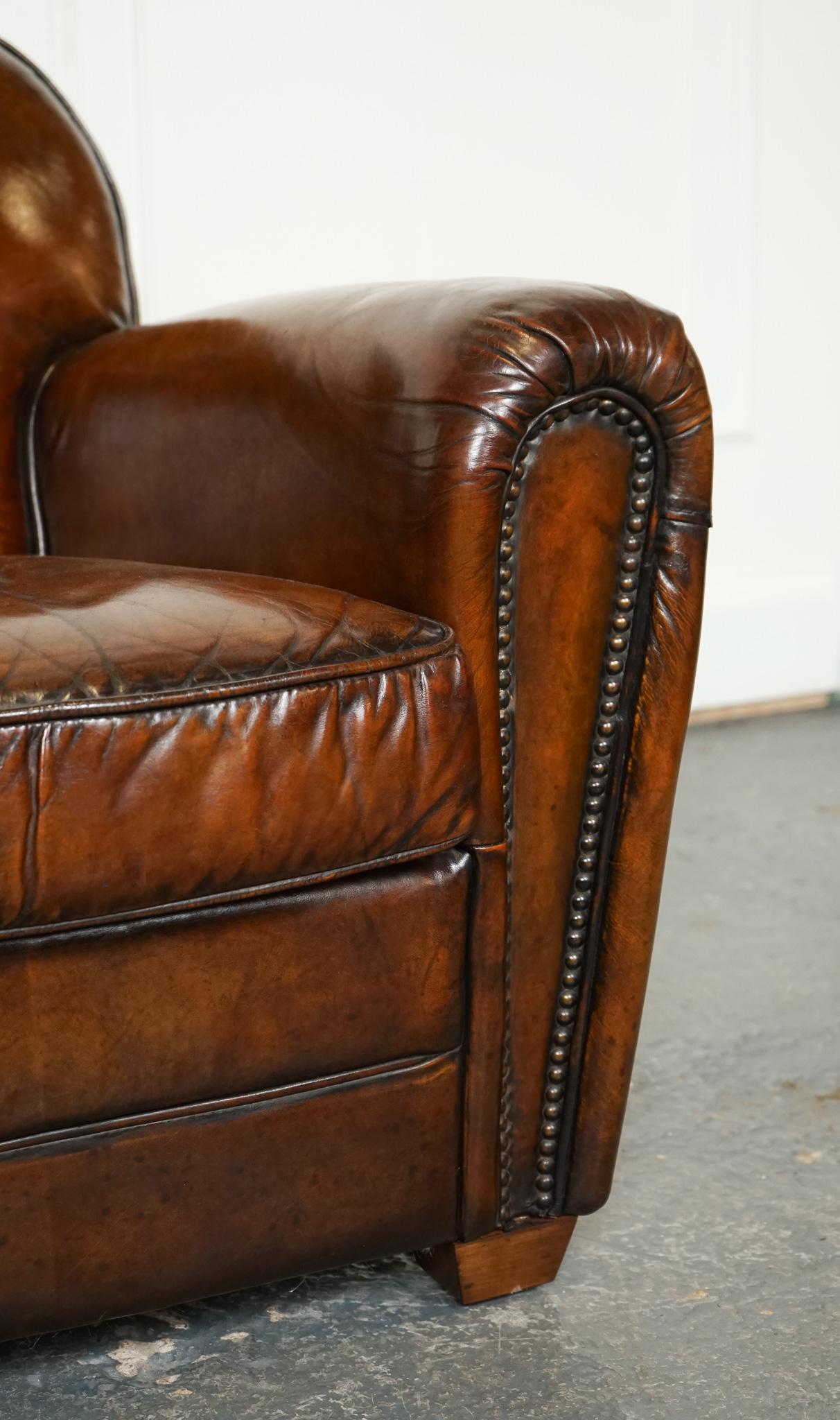 STUNNING PAiR OF ART DECO STYLE HAND DYED WHISKEY BROWN CLUB ARMCHAIRS For Sale 2