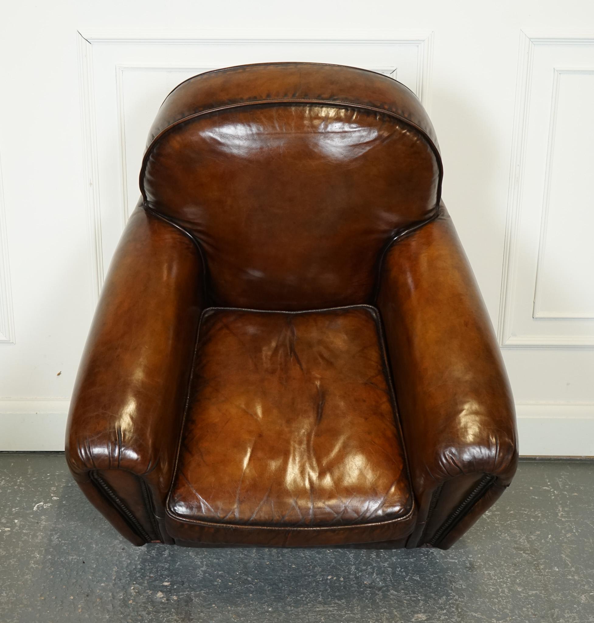 STUNNING PAIR OF ART DECO STYLE HAND DYED WHISKEY BROWN CLUB ARMCHAIRS en vente 5