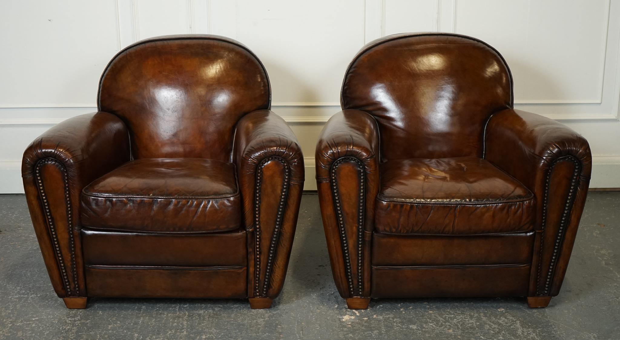 Art Deco STUNNING PAiR OF ART DECO STYLE HAND DYED WHISKEY BROWN CLUB ARMCHAIRS For Sale