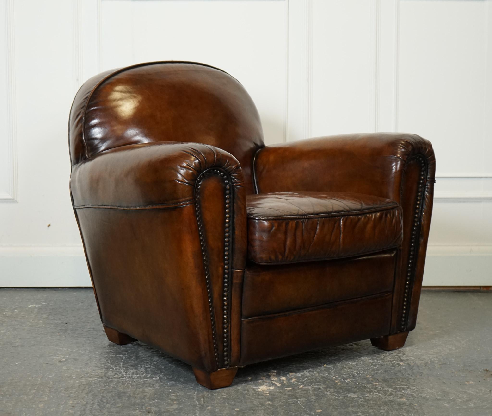 20th Century STUNNING PAiR OF ART DECO STYLE HAND DYED WHISKEY BROWN CLUB ARMCHAIRS For Sale