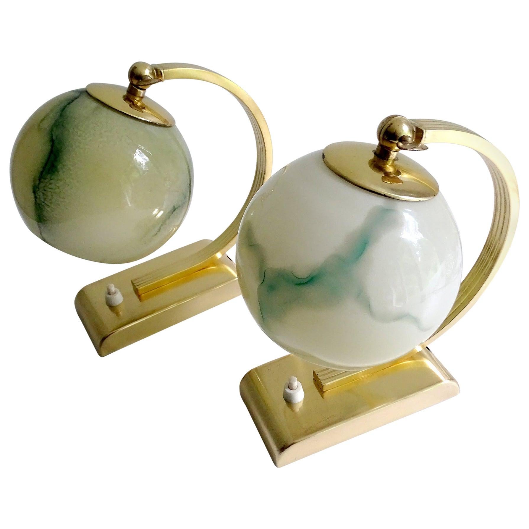 Stunning Pair of Art Deco Table Lamps, Brass and Marble Glass Shades, 1930s
