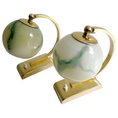 Vintage Stunning Pair of Art Deco Table Lamps, Brass and Marble Glass Shades, 1930s