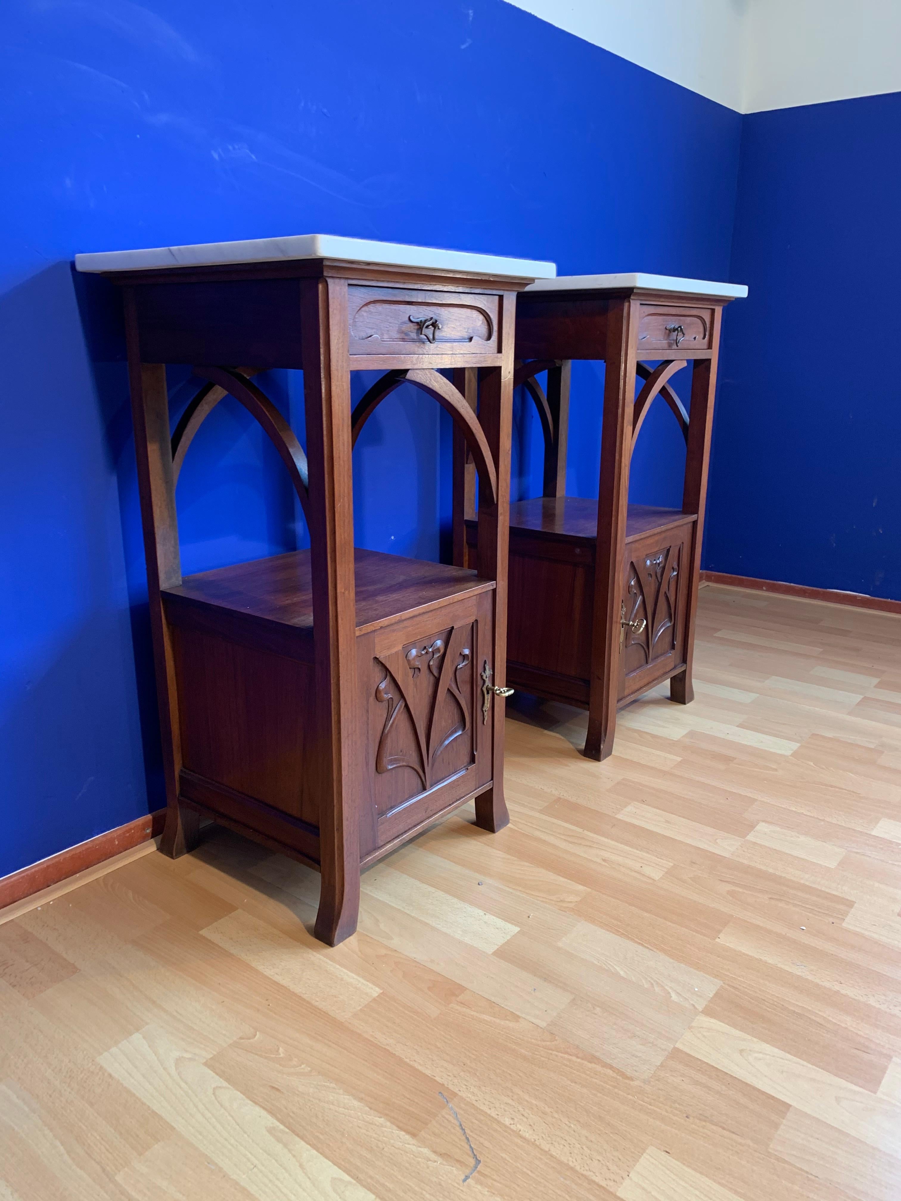 Stunning Pair of Art Nouveau Mahogany Nightstands / Bedside Cabinets Marble Tops 5