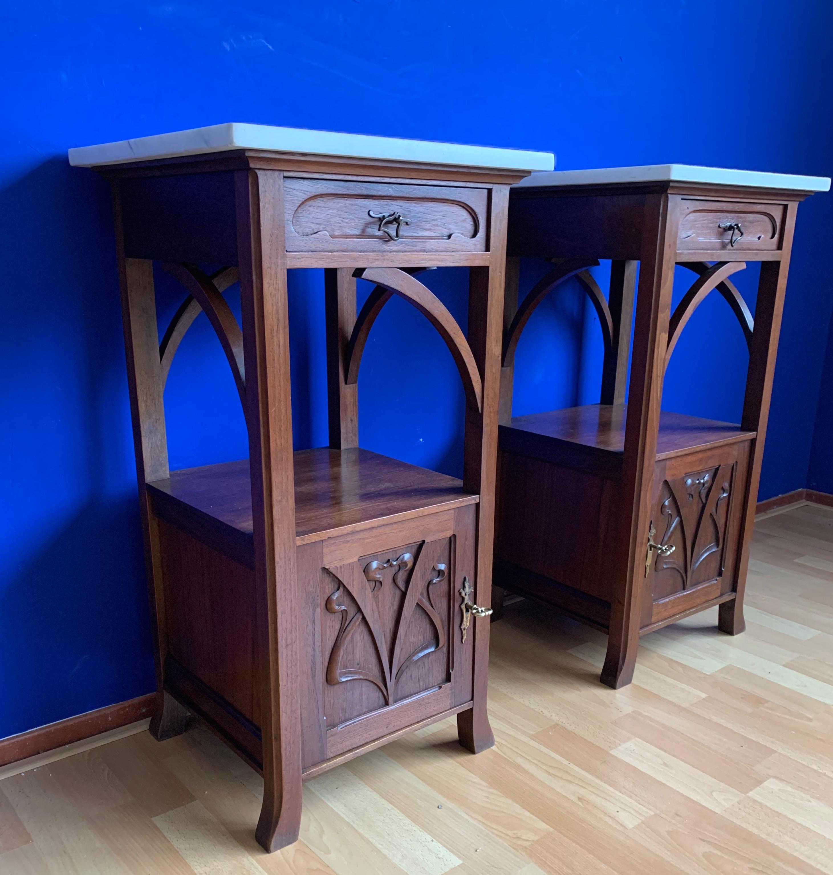 Stunning Pair of Art Nouveau Mahogany Nightstands / Bedside Cabinets Marble Tops 8