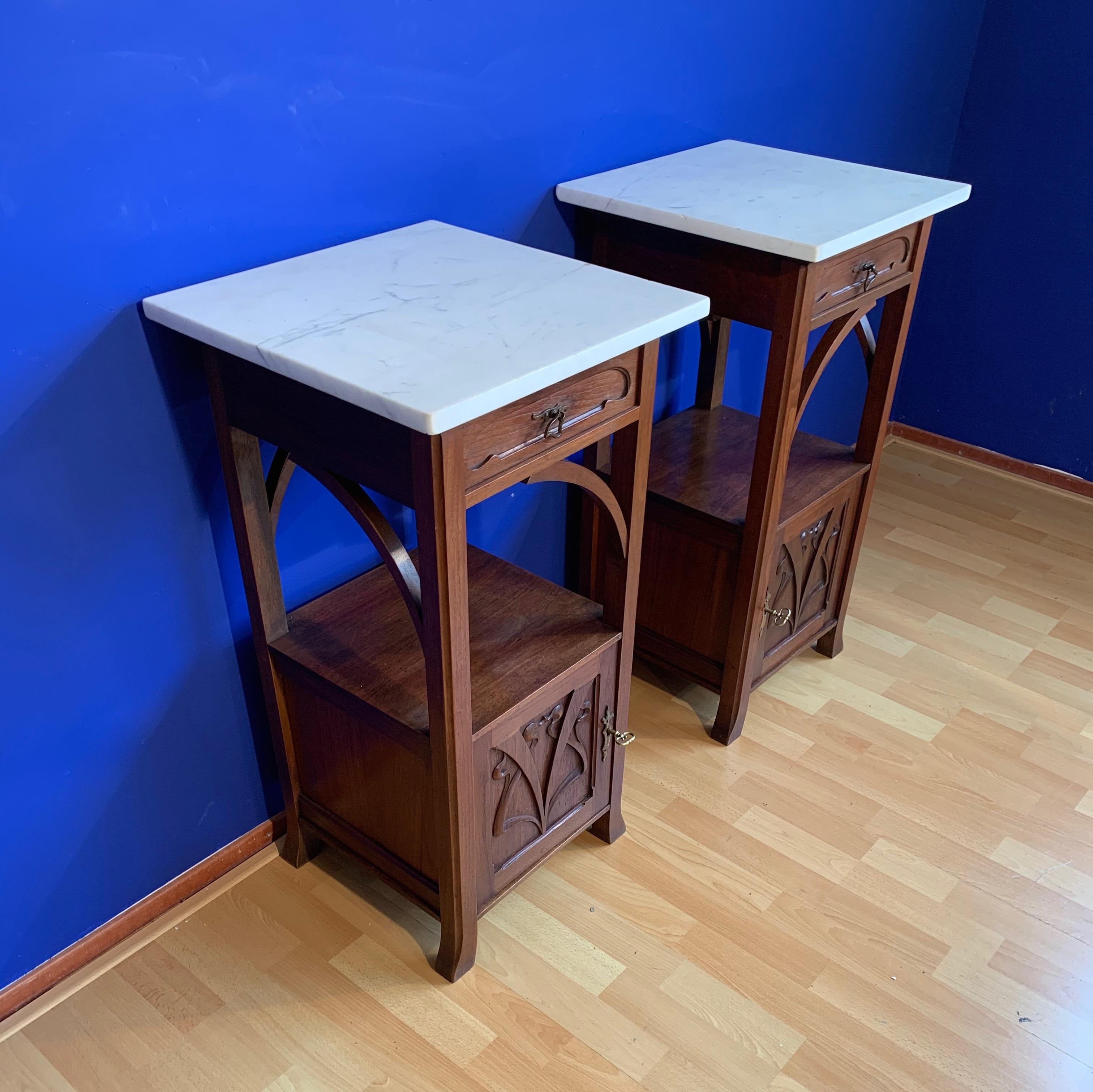 Stunning Pair of Art Nouveau Mahogany Nightstands / Bedside Cabinets Marble Tops 9