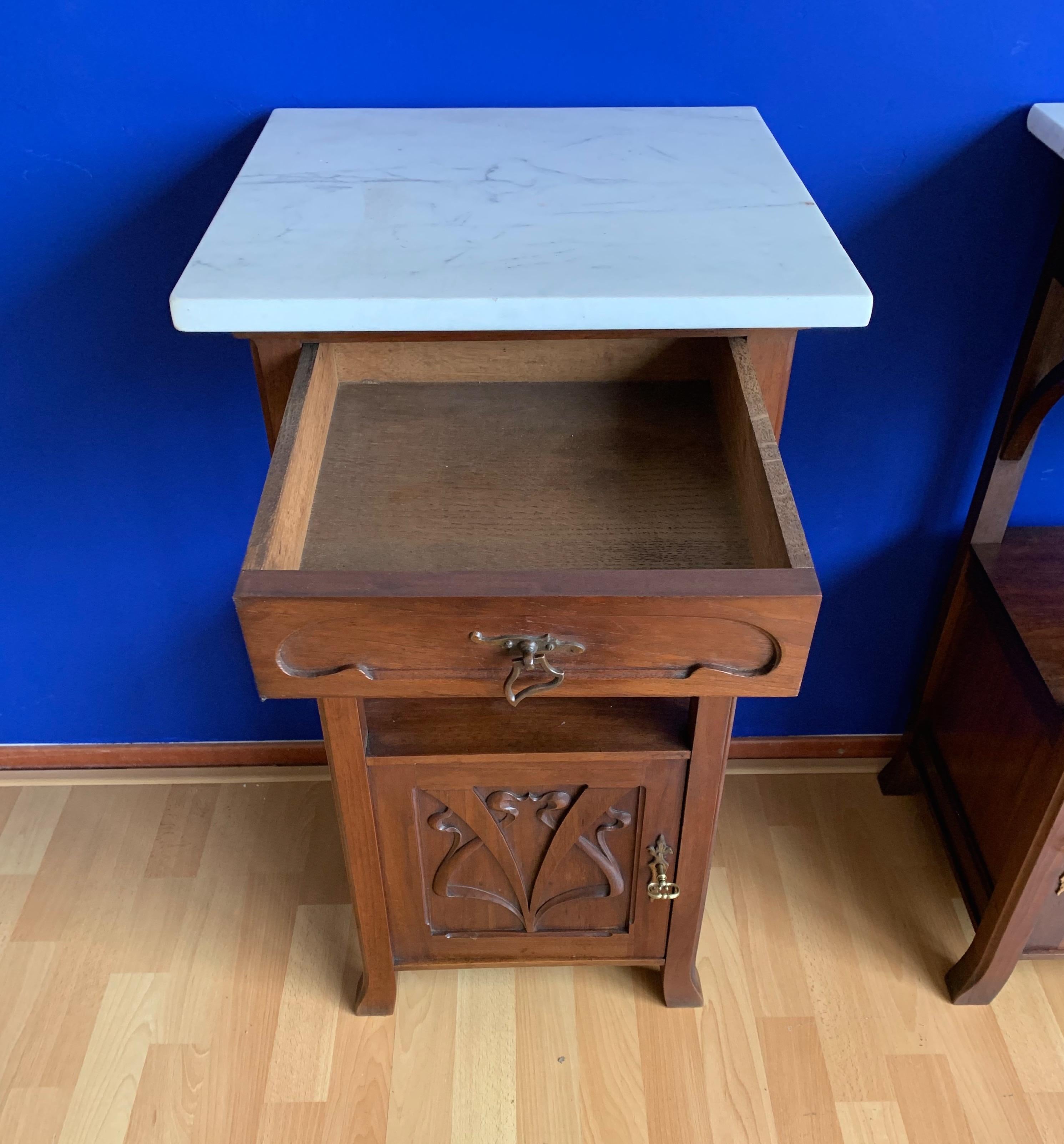 Stunning Pair of Art Nouveau Mahogany Nightstands / Bedside Cabinets Marble Tops 12