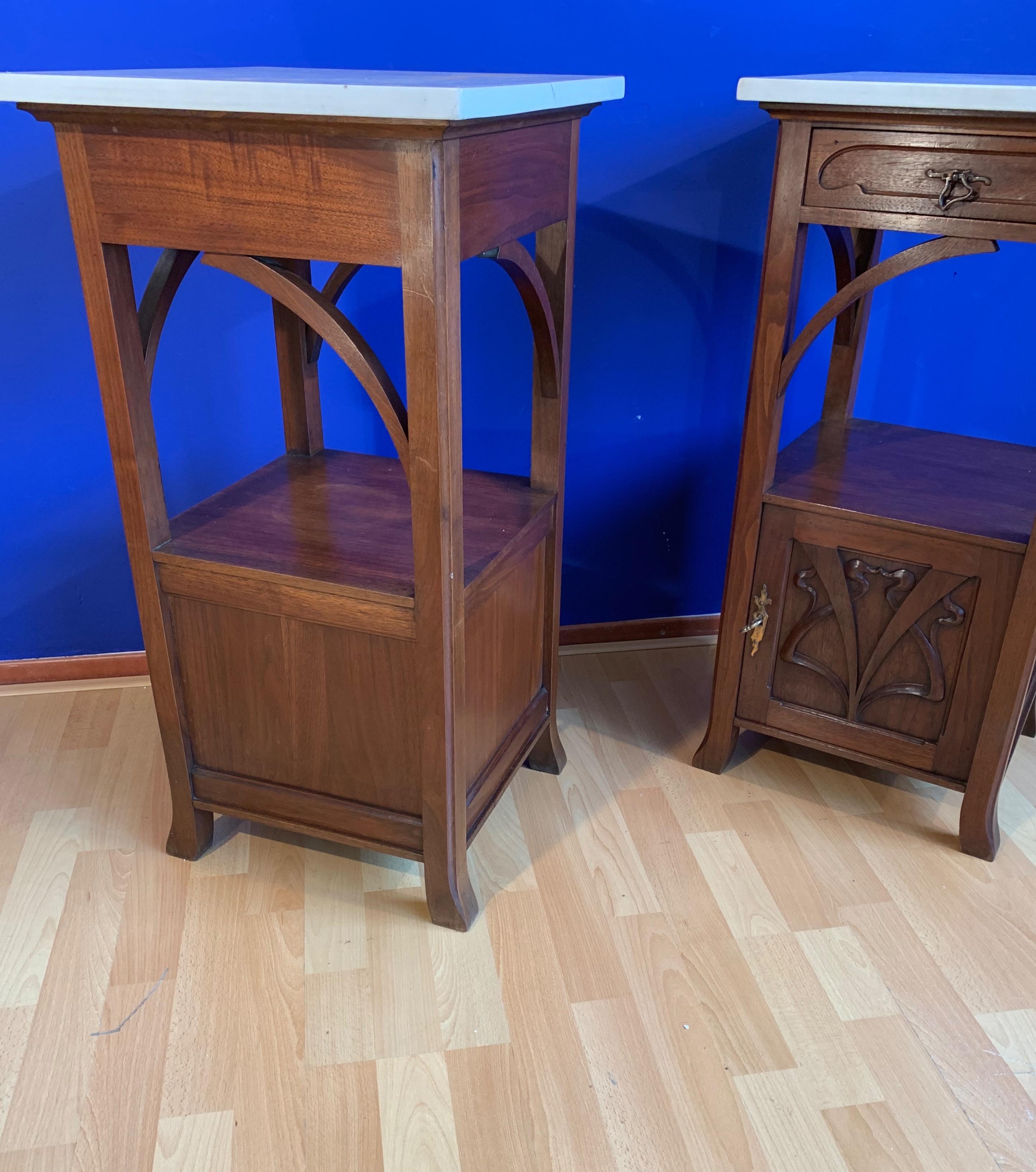 Stunning Pair of Art Nouveau Mahogany Nightstands / Bedside Cabinets Marble Tops 13