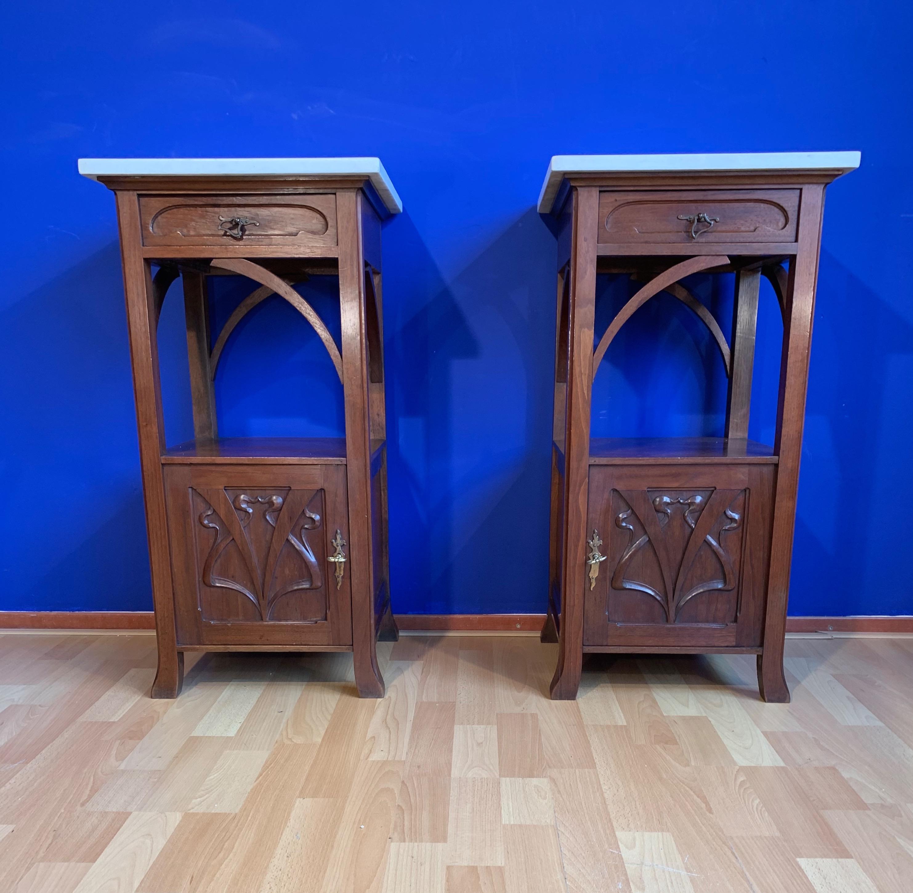 French Stunning Pair of Art Nouveau Mahogany Nightstands / Bedside Cabinets Marble Tops