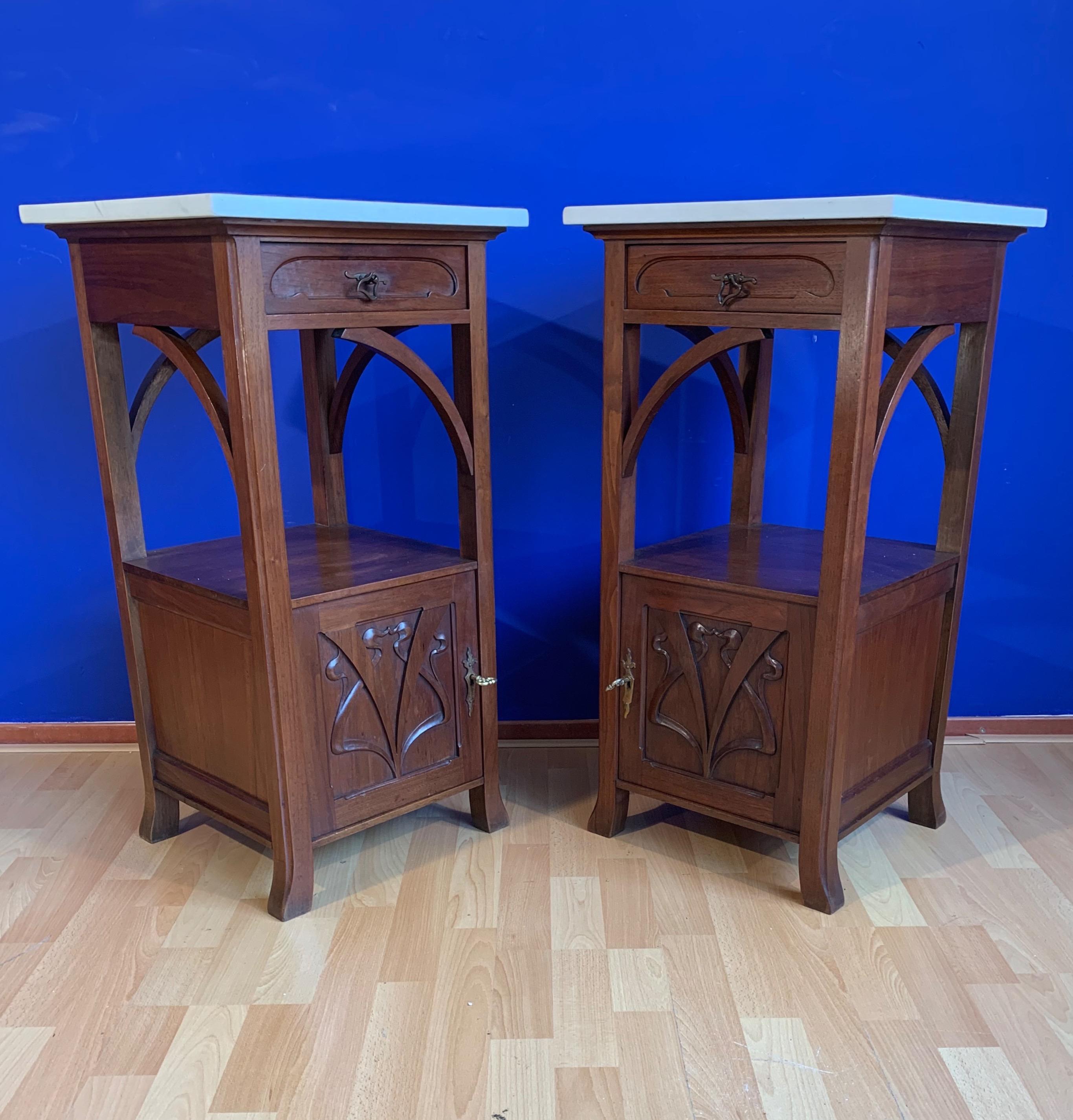 Cast Stunning Pair of Art Nouveau Mahogany Nightstands / Bedside Cabinets Marble Tops