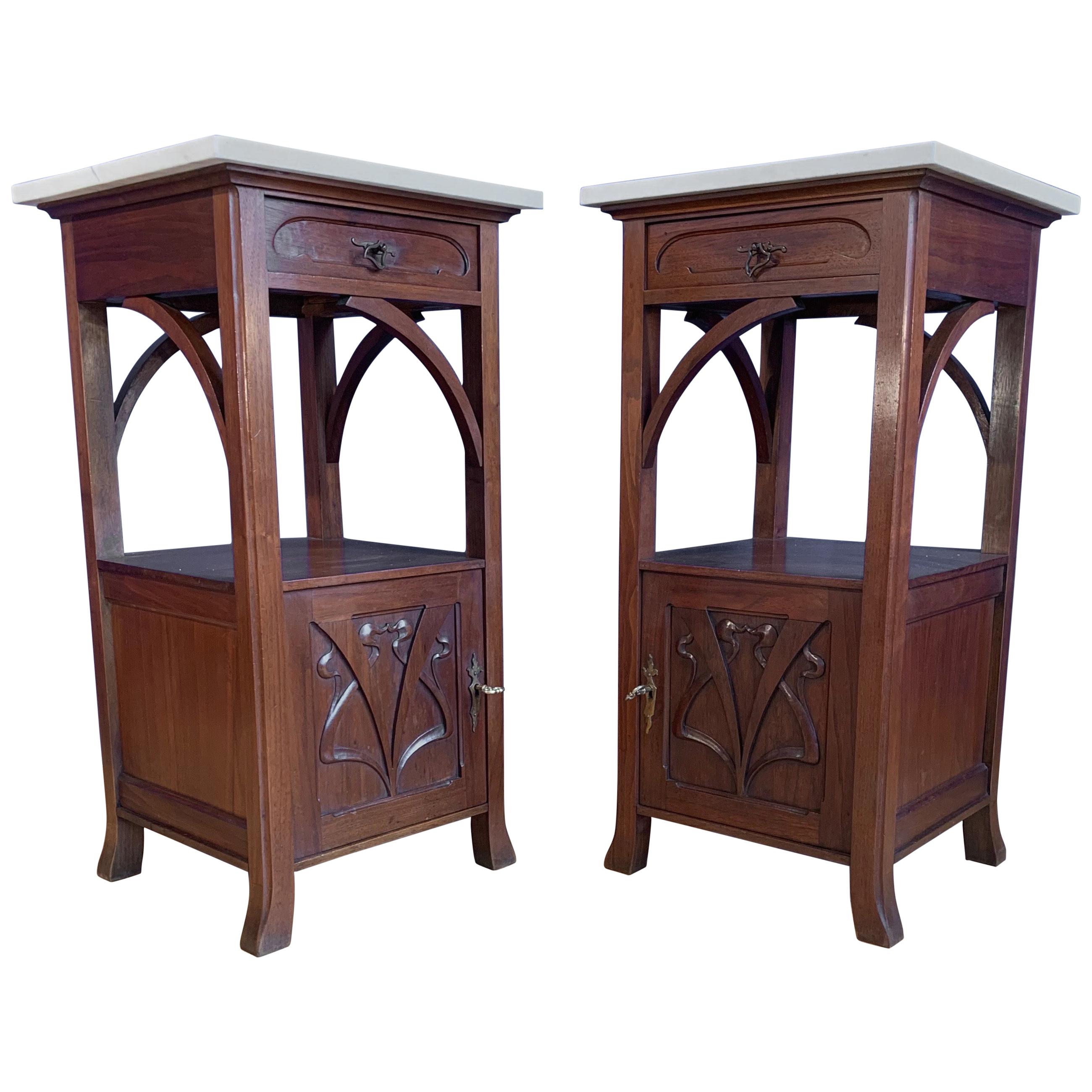 Stunning Pair of Art Nouveau Mahogany Nightstands / Bedside Cabinets Marble Tops