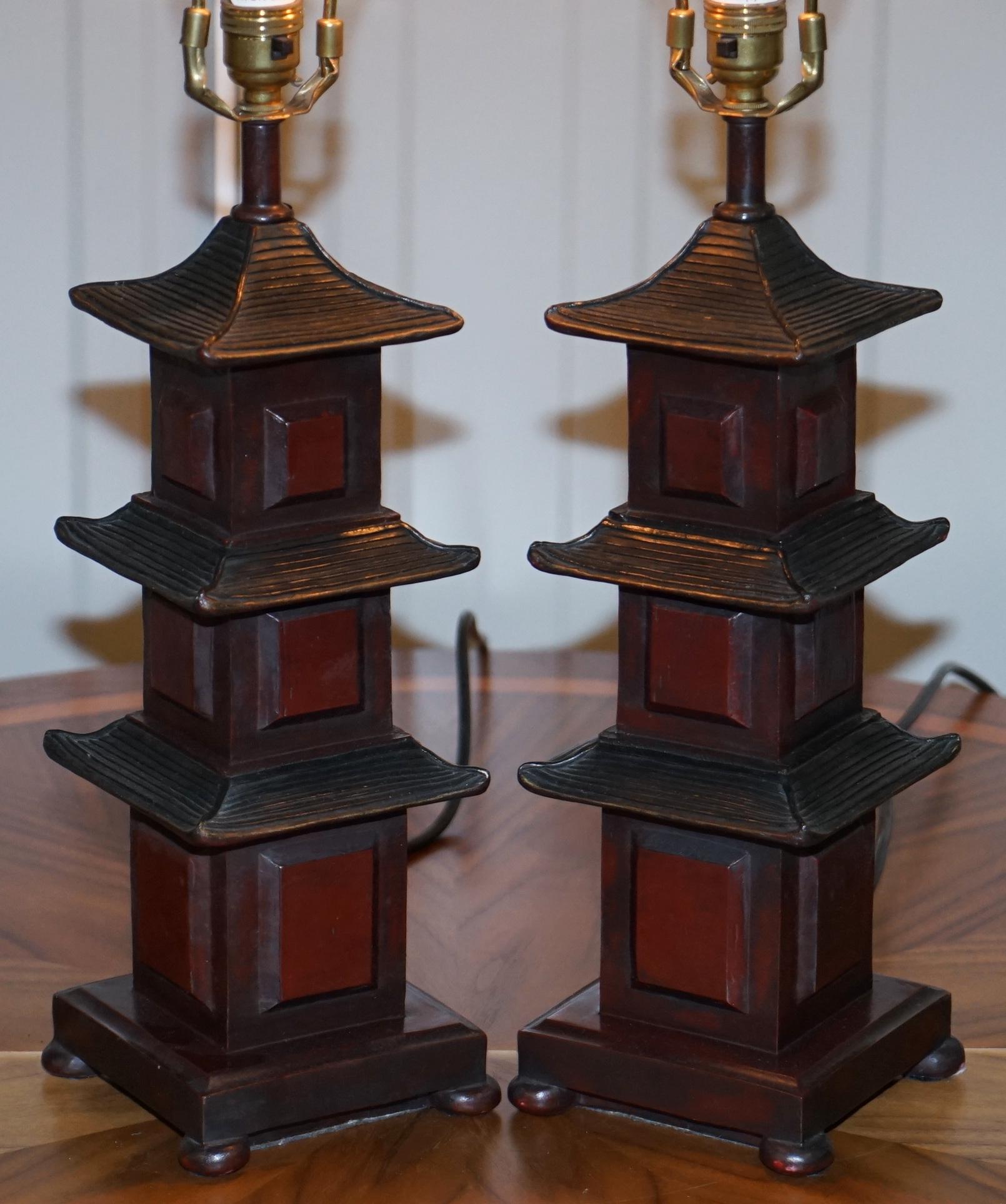 We are delighted to offer for sale this very nice pair of Pagoda temple table lamps made by Austin 2000 for the home collection

A very good looking and well made pair, they have been fully serviced and operate as they should

As you can see