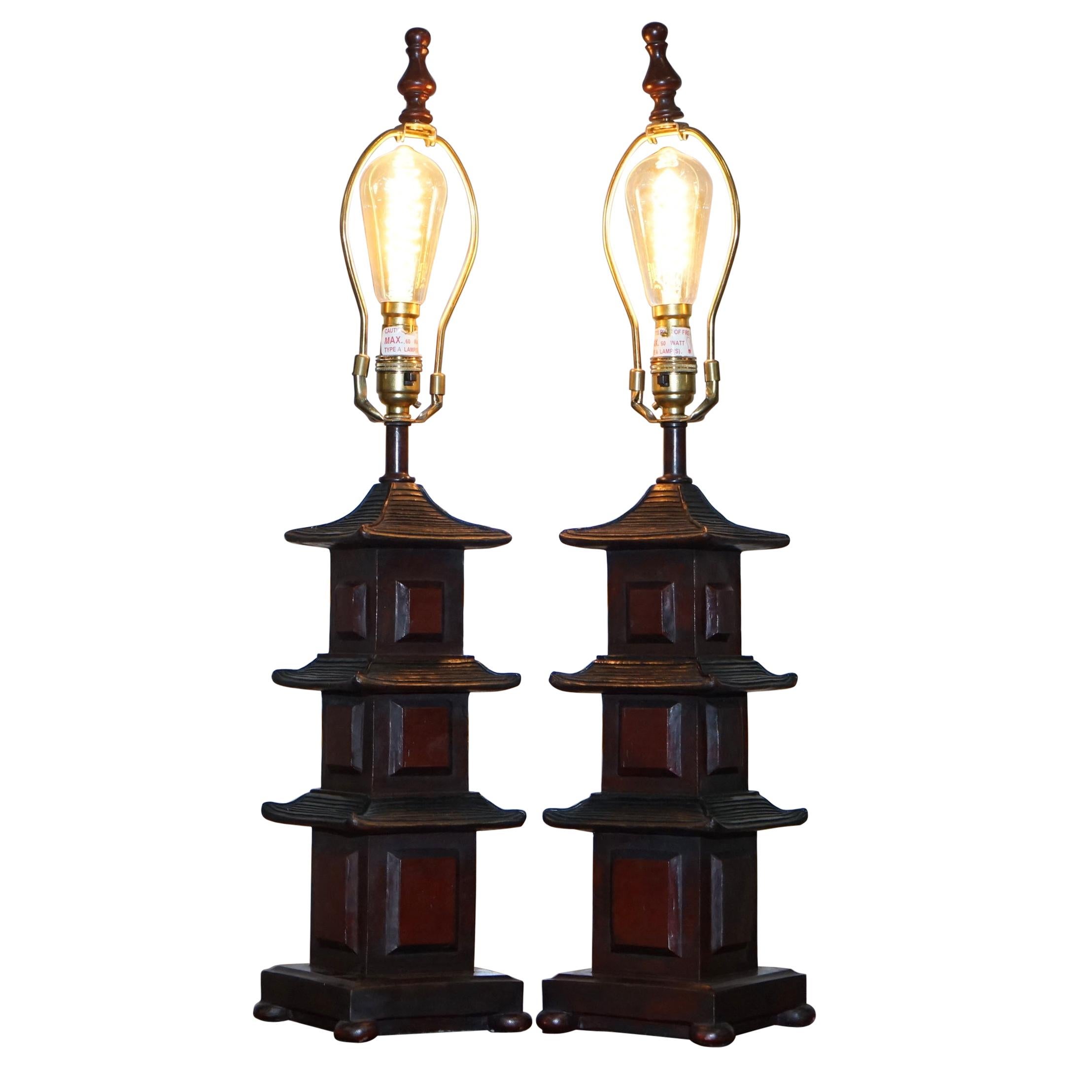 Stunning Pair of Austin the Home Collection Chinese Pagoda Temple Table Lamps