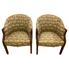 Stunning Pair of Barrel Back Walnut and Leaf Motif Upholstered Club Chairs