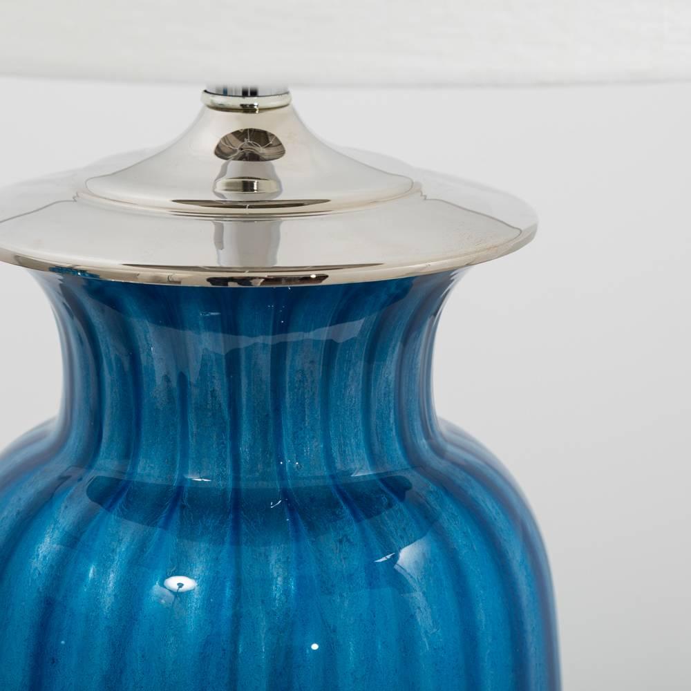 Mid-20th Century Stunning Pair of Blue Glass and Nickel Plated Table Lamps, 1960s
