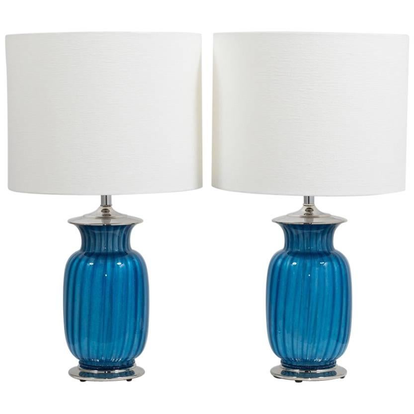 Stunning Pair of Blue Glass and Nickel Plated Table Lamps, 1960s