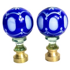 Antique Stunning Pair of Blue Overlay Cut Crystal Newel Post Finials