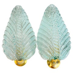 Stunning Pair of Blue Turquoise "Rugiodoso" Leaf Sconces by Barovier and Toso