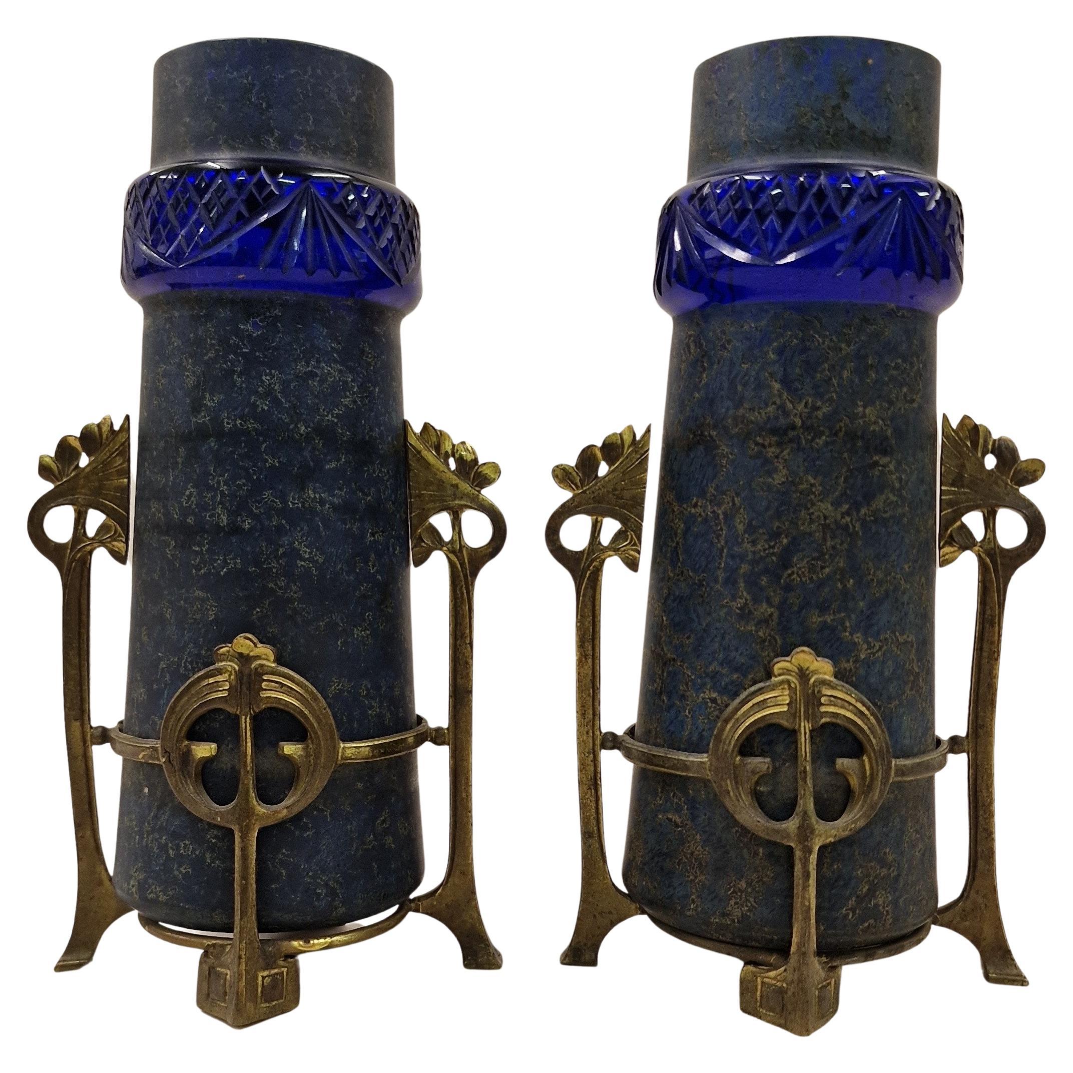 Wunderschönes Paar blaue Vasen, Glas, Bronze, um 1900, Jugendstil / Art Nouveau