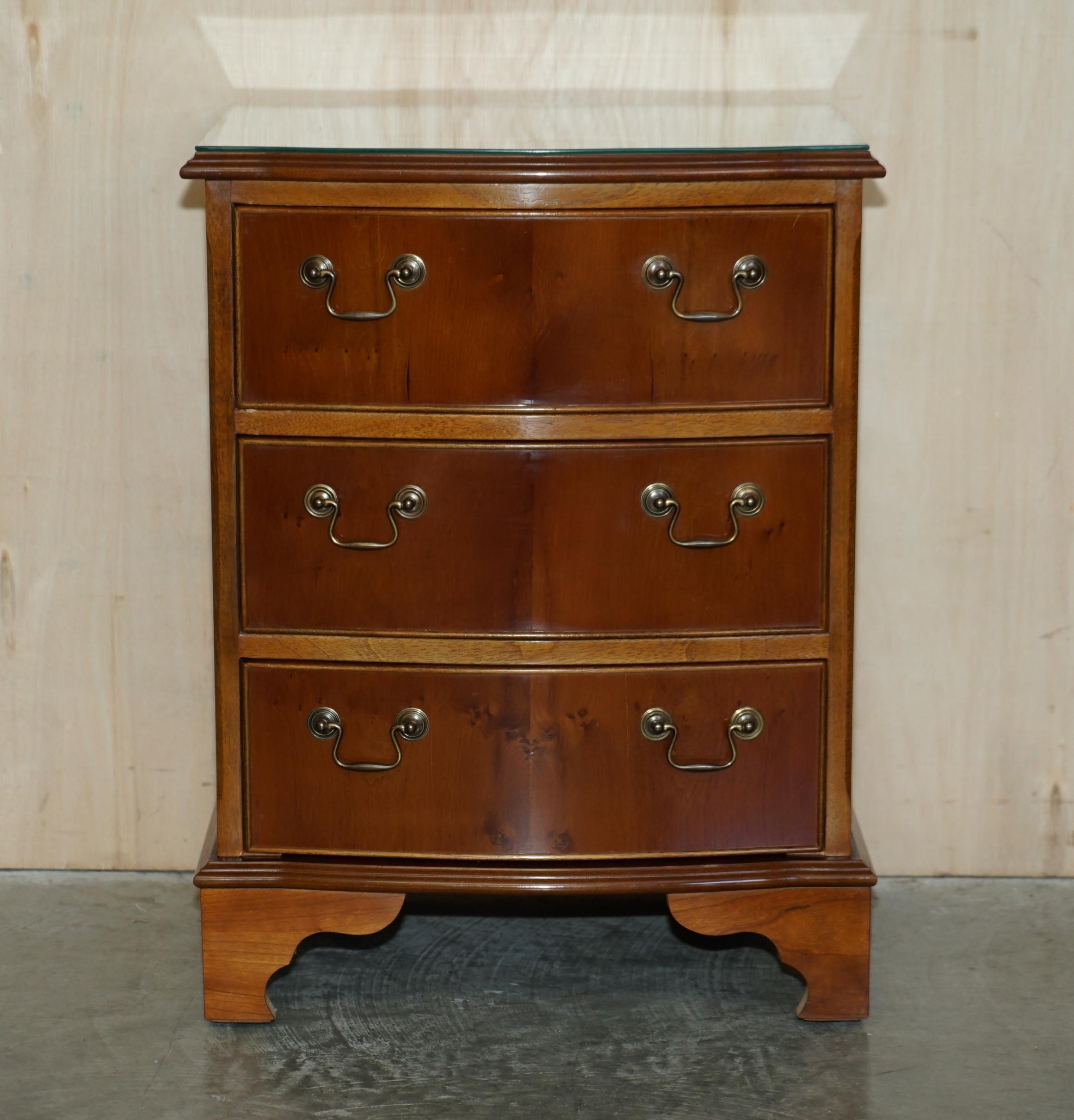 Country Stunning Pair of Bow Fronted Burr Yew Wood Side Table Sized Chest of Drawers For Sale