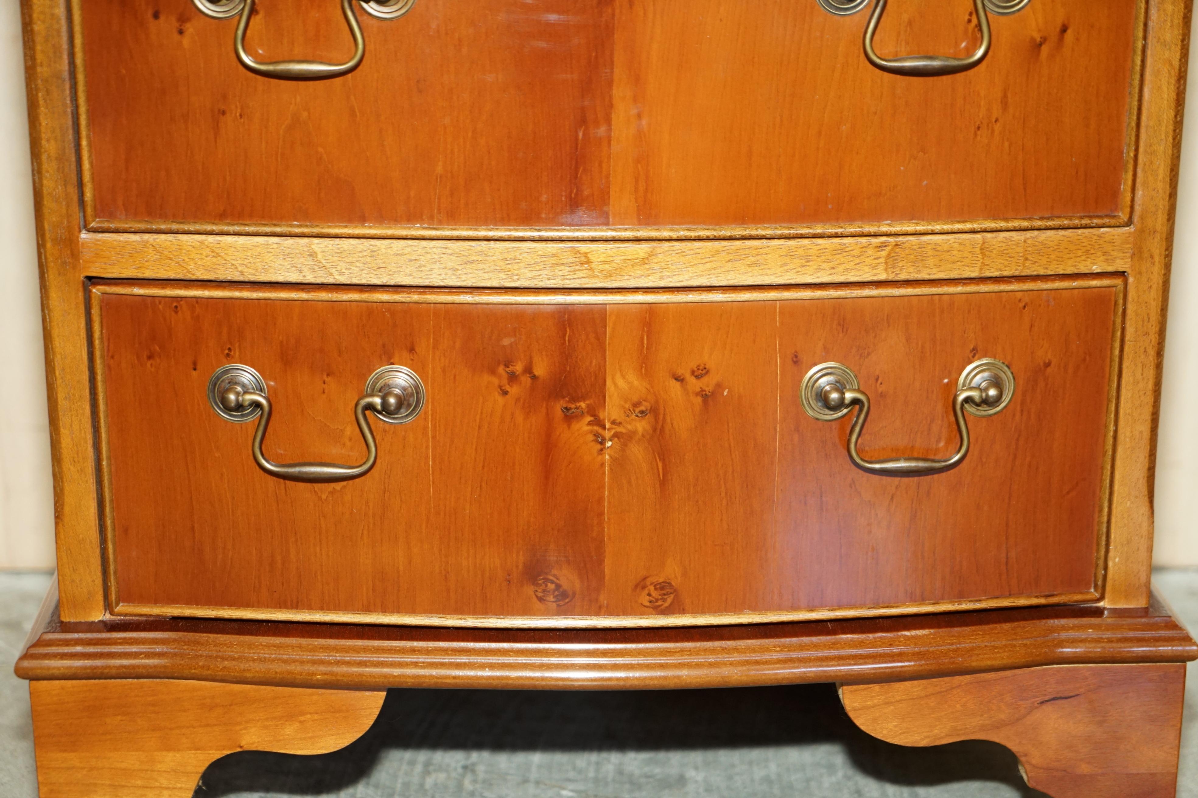 20th Century Stunning Pair of Bow Fronted Burr Yew Wood Side Table Sized Chest of Drawers For Sale