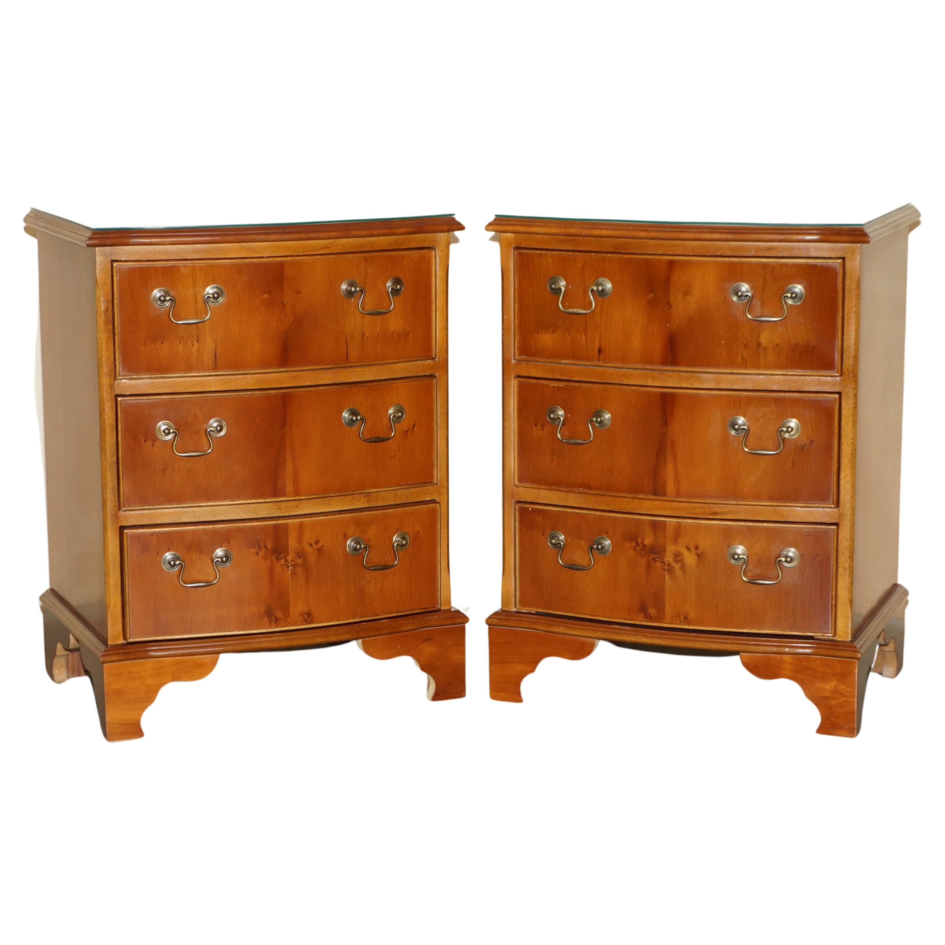 Stunning Pair of Bow Fronted Burr Yew Wood Side Table Sized Chest of Drawers For Sale