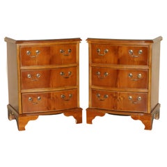 Stunning Pair of Bow Fronted Burr Yew Wood Side Table Sized Chest of Drawers