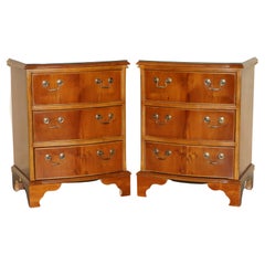 Retro Stunning Pair of Bow Fronted Burr Yew Wood Side Table Sized Chest of Drawers