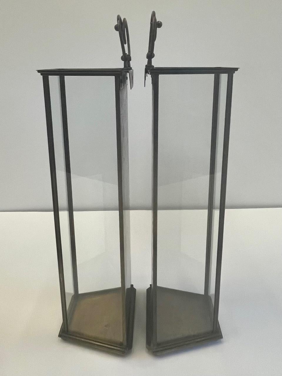 Mid-20th Century Stunning Pair of Brass & Aged Glass Lanterns For Sale
